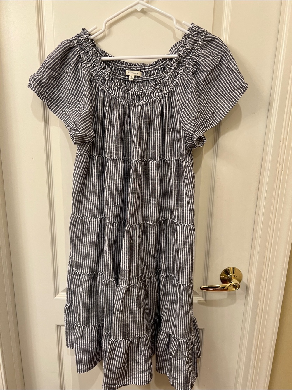 Max Studio Navy & White Smocked Off-Shoulder Tiered Dress